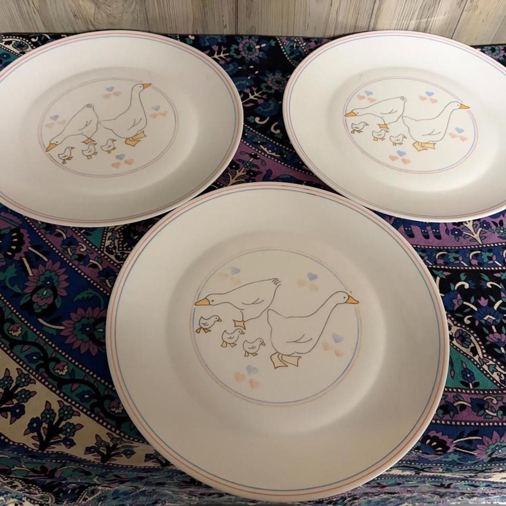 Vintage Arcopal France Mother Goose Dinner Plates Set of 3 White Opal Glass